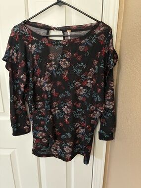 Free People Black Floral Long-Sleeve Tee with Teal and Red Accents